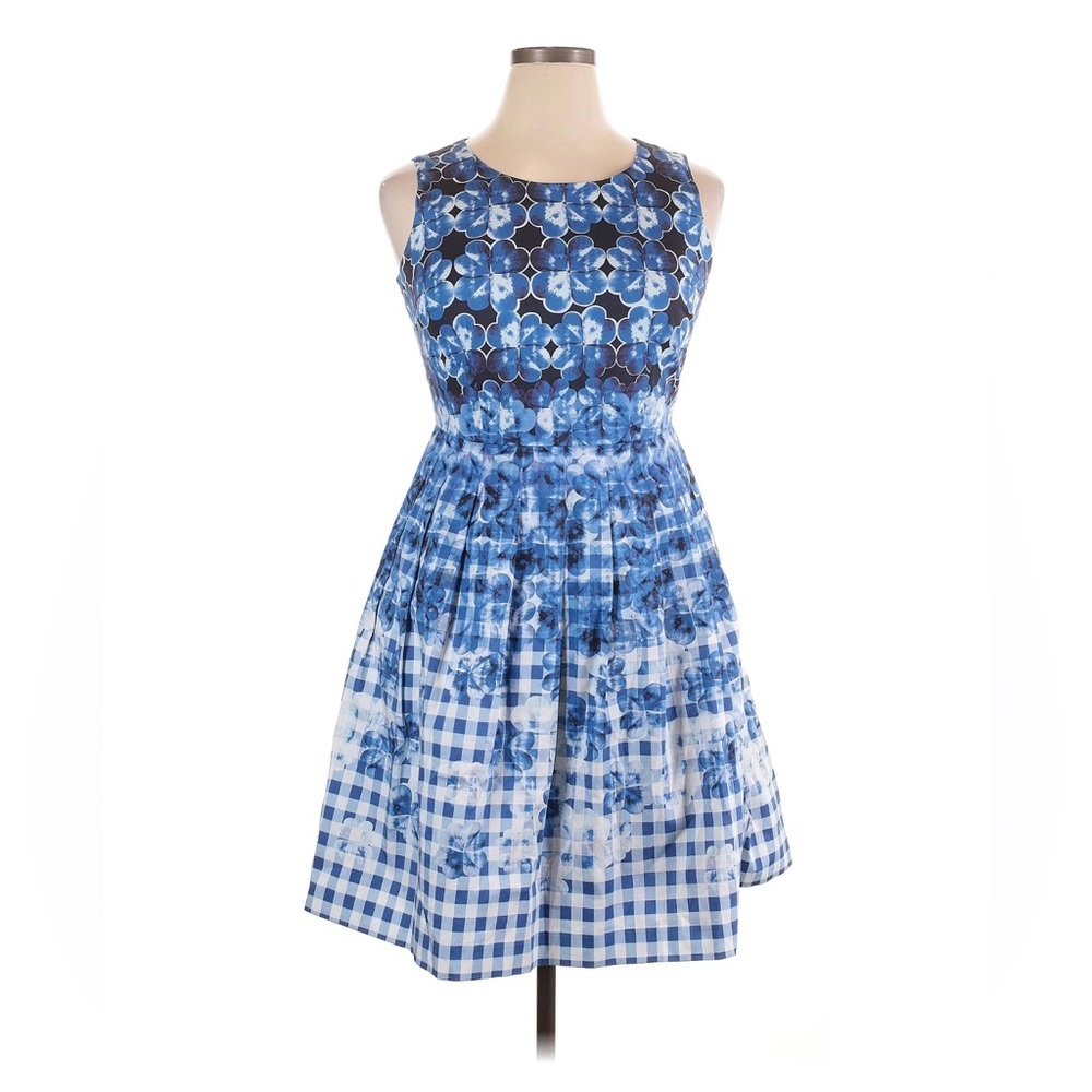 Garden party sleeveless dress in blue checks and pansies by Talbots